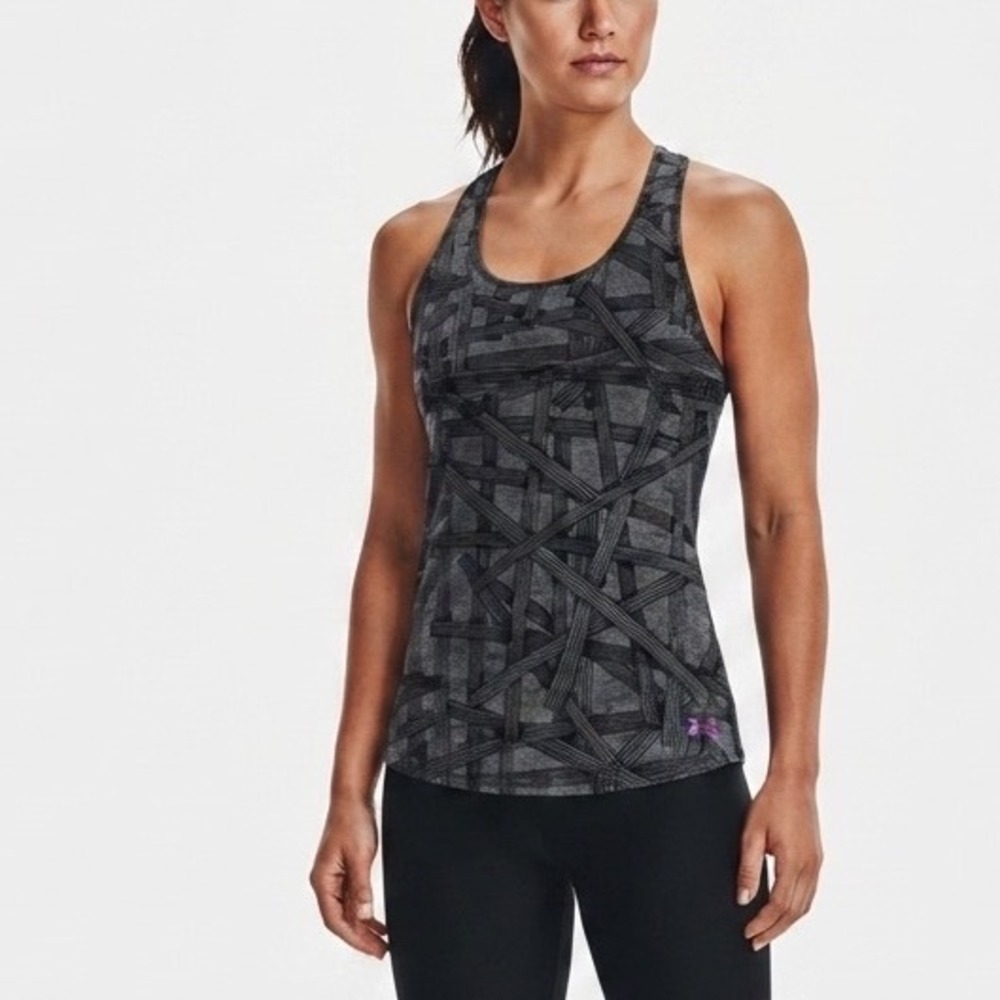 Under Armour Womens HeatGear Racerback Tank Top Grey Black Abstract‎ Print Logo